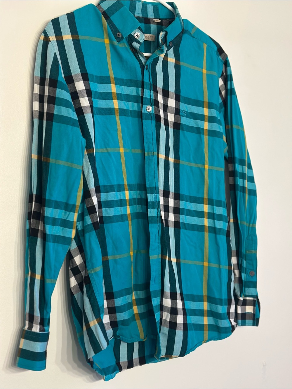 Burberry Britt Turquoise Plaid Button-Down Shirt with Yellow Stripes